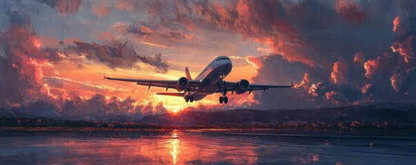 A large airplane taking off with a vibrant sunset background, travel adventure, dynamic aviation scene.