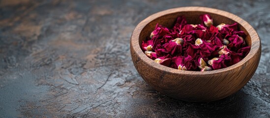 Dried carnation buds placed in a wooden bowl on a dark wooden surface. with copy space image. Place for adding text or design