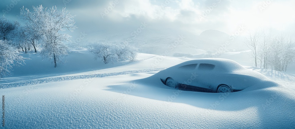 Aufkleber Car covered in snow after significant snowfall selective focus. with copy space image. Place for adding text or design