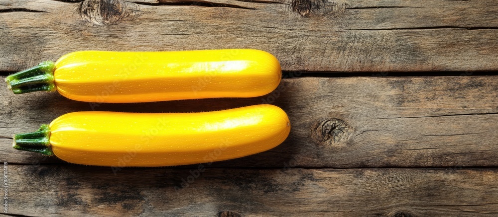Aufkleber Fresh ripe yellow zucchini on a wooden surface. with copy space image. Place for adding text or design
