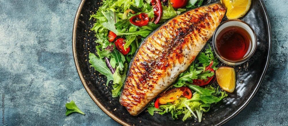 Leinwandbilder fillet o fish on a plate accompanied by salad and tea. with copy space image. place for adding text 