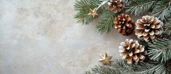 Christmas arrangement Top view of stars and a pine cone background with copy space for your text Flat lay