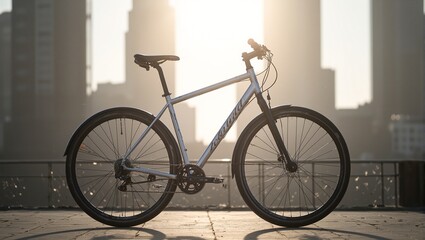 Fototapeta premium Modern bicycle against city skyline at sunrise reflecting soft morning light