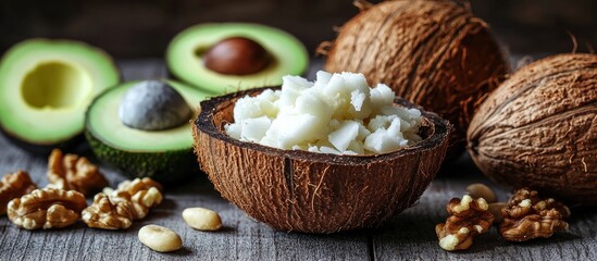 Fototapeta premium A close up shot of ketogenic foods coconut and coconut butter avocado walnuts and macadamia nuts. with copy space image. Place for adding text or design