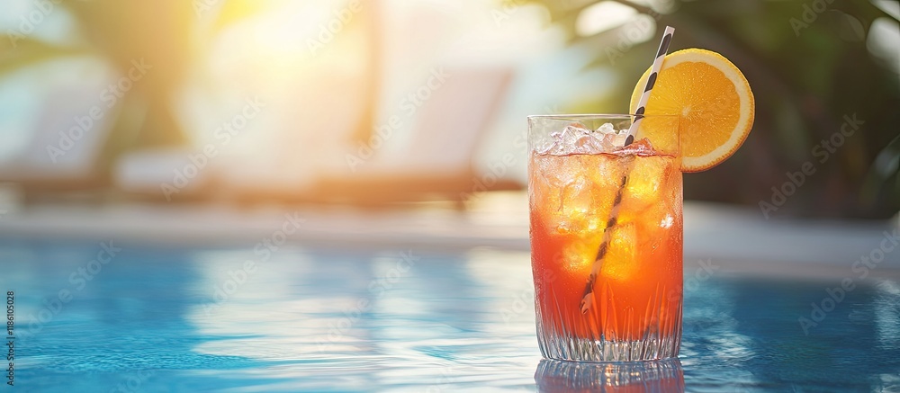 Aufkleber Pleasant cocktail by the pool Selective focus Beverage. with copy space image. Place for adding text or design