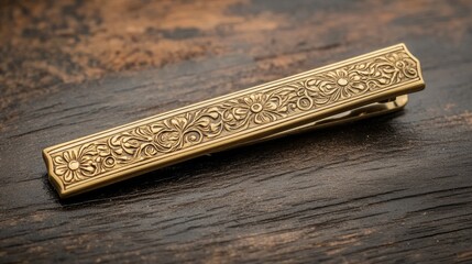 Fototapeta premium Golden collar clip with intricate engravings, placed on a dark wooden backdrop for contrast.
