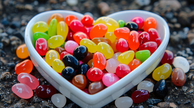 Colorful jelly beans in heart shaped bowl on textured surface create vibrant and playful display. Perfect for celebrations or sweet treats