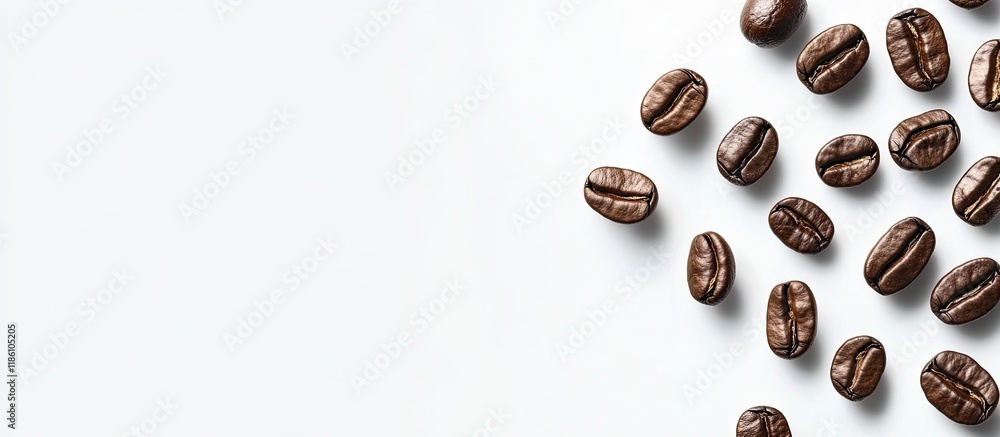 Leinwandbilder Roasted coffee beans positioned on a white background from a top view provide space for your messages. with copy space image. Place for adding text or design