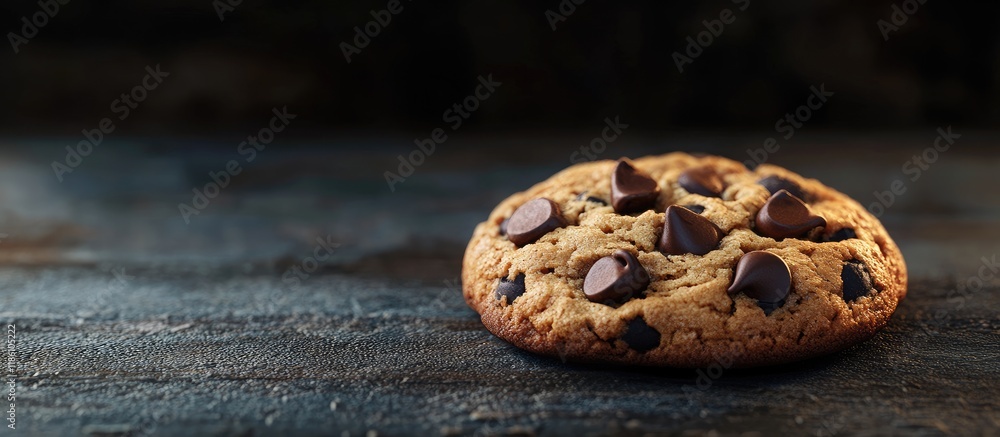 Poster close up of a chocolate chip cookie on a table. with copy space image. place for adding text or desi