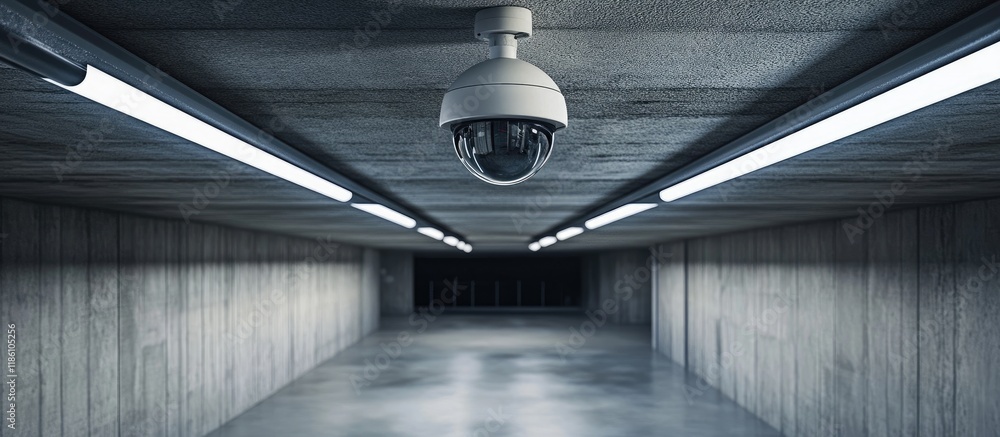 Poster cctv camera mounted on the concrete ceiling of the parking area in the condominium with copy space