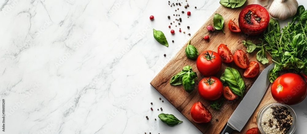 Aufkleber food background featuring italian spring and summer vegetables and fruits top view with a cutting bo