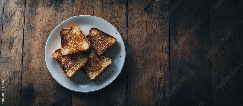 Poster plate featuring inventive sweet toasts on a wooden table. with copy space image. place for adding te