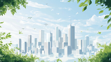 vibrant cityscape featuring green infrastructure and clear skies, showcasing modern buildings and nature