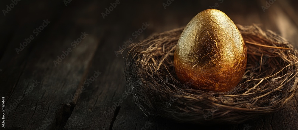 Poster Golden egg in a nest set against a dark wooden backdrop. with copy space image. Place for adding text or design