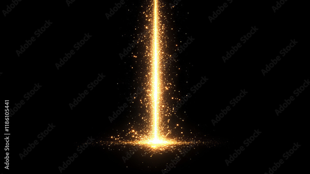 Poster gold line light with glitter glow abstract effect. golden vertical flare with neon beam sparkle and 