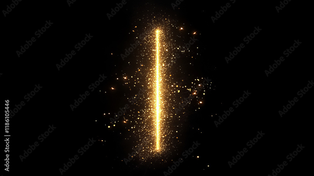 Poster gold line light with glitter glow abstract effect. golden vertical flare with neon beam sparkle and 