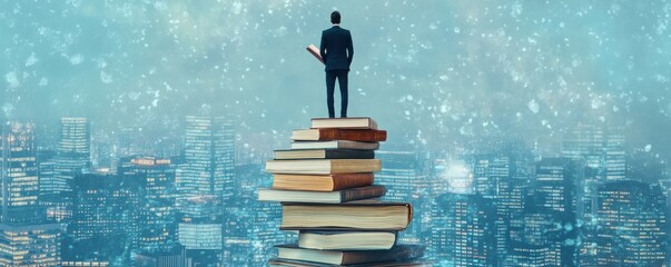 A man gaining knowledge with a view of urban wanderlust, standing tall on a stack of books in the cityscape