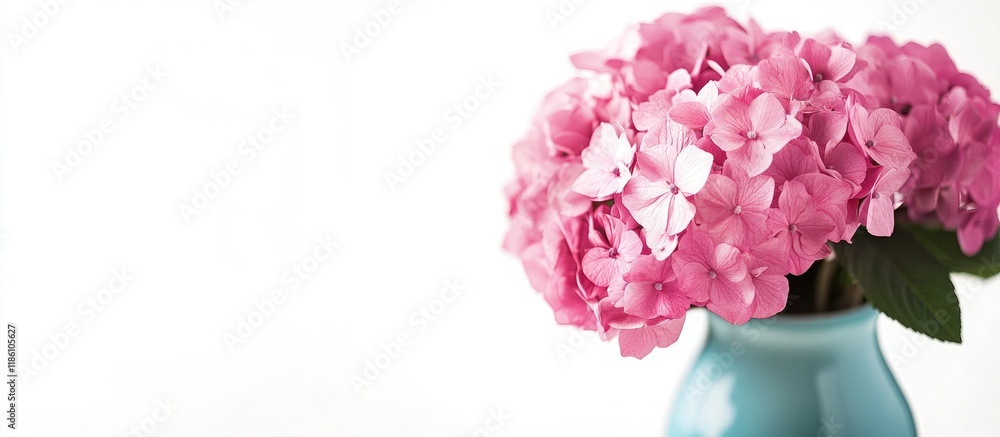 Fototapete a close up of a bouquet of pink hydrangeas in a blue vase set against a white background. with copy 