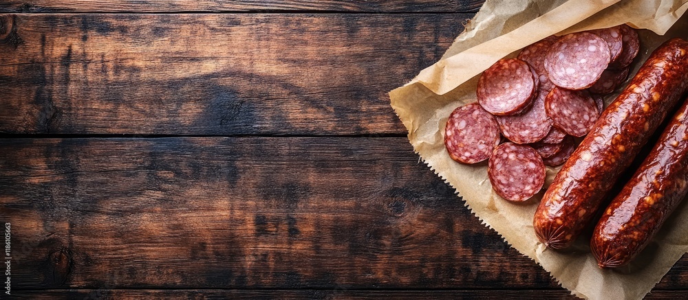 Leinwandbilder smoked sausage and sliced finnish salami wrapped in paper placed on a wooden background. with copy s