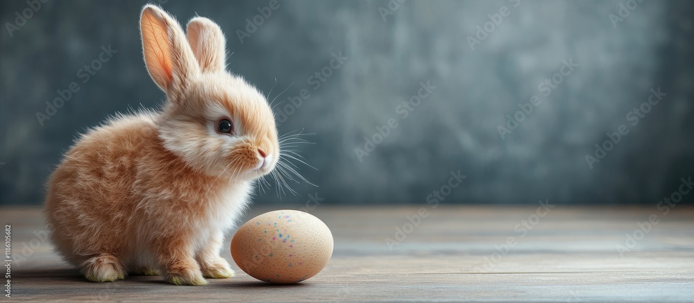 Aufkleber fluffy easter bunny with a painted wooden egg. with copy space image. place for adding text or desig