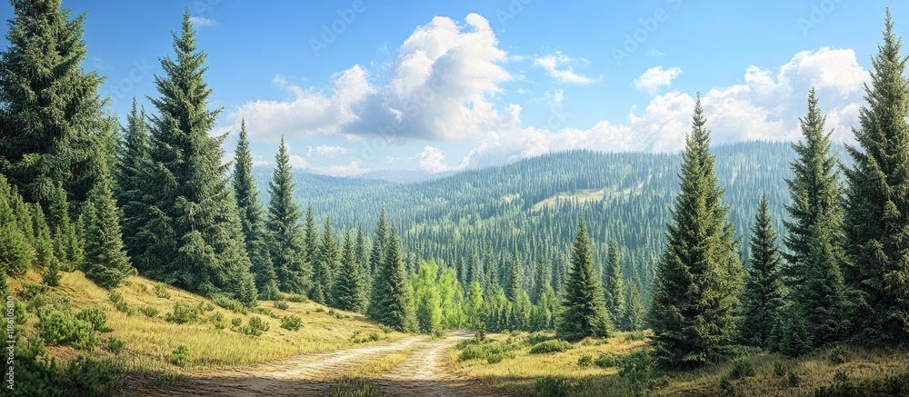 Poster Open terrain featuring a hillside of logged spruce hemlock and fir trees. with copy space image. Place for adding text or design