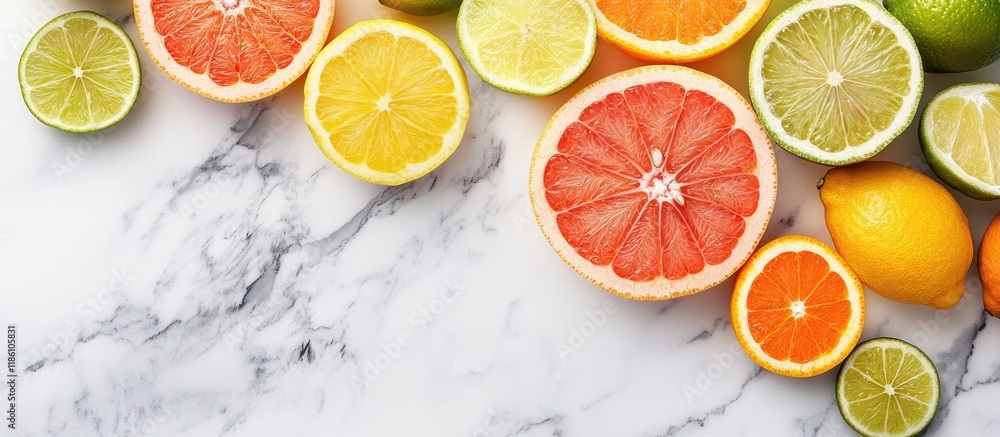 Poster Bright juicy citrus fruits on a white marble surface with copy space Slices of grapefruit lime lemon and orange