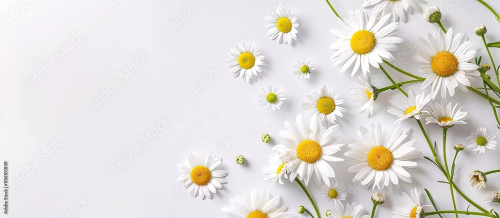 Fototapete Flat lay arrangement featuring blooming daisies and blank space for text on a white background Spring flowers. with copy space image. Place for adding text or design