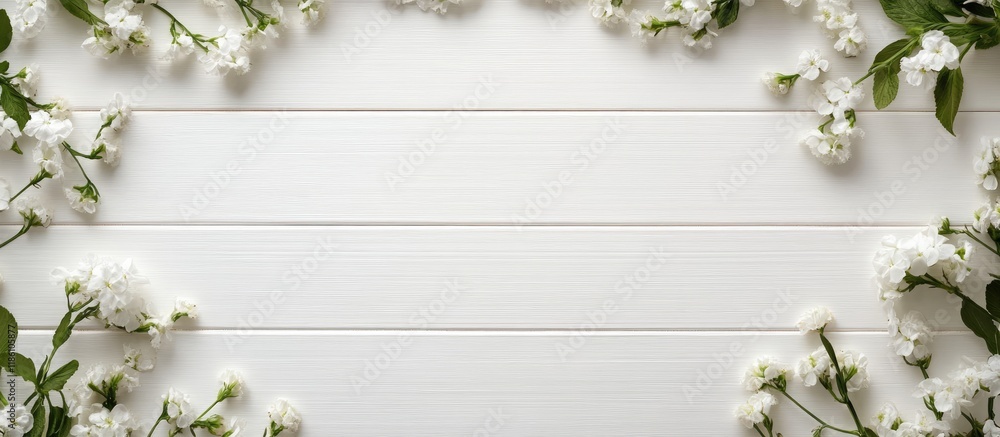 Aufkleber round frame wreath design with flower buds set against a white wooden background flat lay top view w