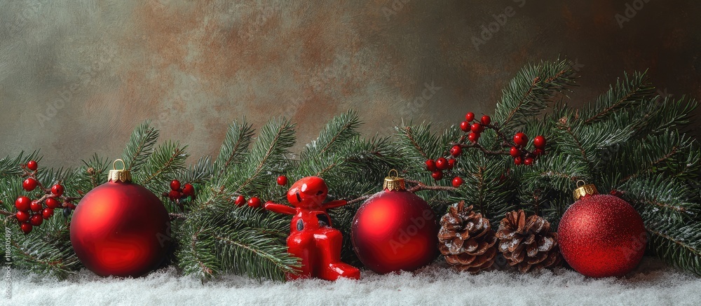 Aufkleber christmas still life featuring red toys spruce branches and festive ornaments. with copy space image