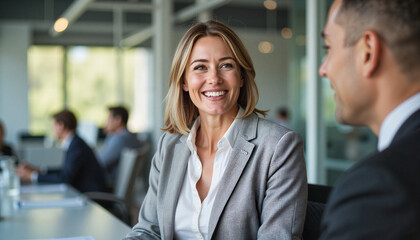 Smiling female business leader engaged in meeting, office collaboration