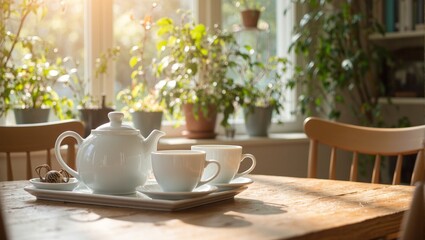 Fototapeta premium Elegant tea set on wooden table in sunlit dining room with golden light porcelain cups teapot green plants outside