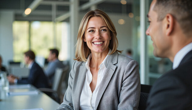 Smiling female business leader engaged in meeting, office collaboration