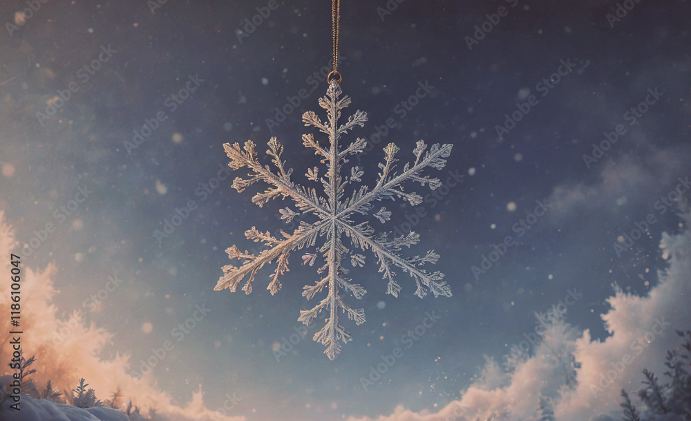 Aufkleber snowflake is hanging from a tree branch. the snowflake is white and has a blue sky in the background