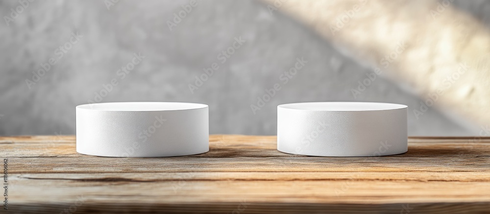 Aufkleber props for product photography white pedestals on a wooden table. with copy space image. place for ad