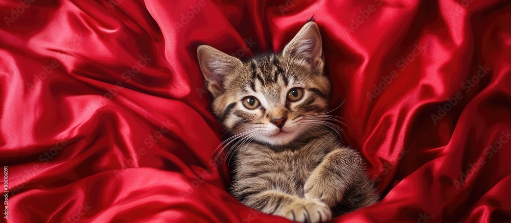 Poster A smiling tabby kitten rests on red satin bedding Valentine s Day theme Top view Copyspace available for text
