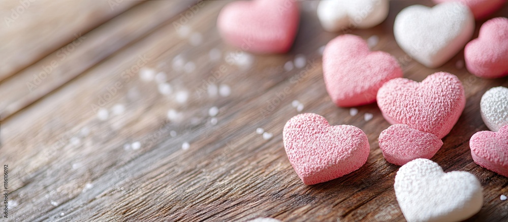 Aufkleber decorative small pink and white hearts on a wooden surface. with copy space image. place for adding 