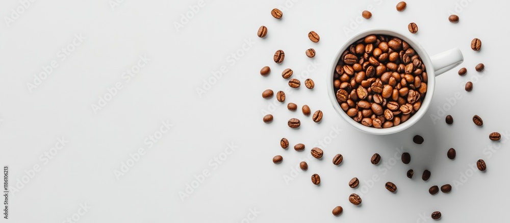 Fototapete coffee cup with roasted brown beans spread across a white table leaving ample copy space for text fl