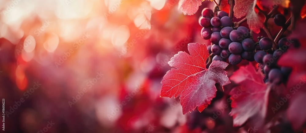 Poster close up of red leaves of wild grapes on trees in the park during autumn. with copy space image. pla