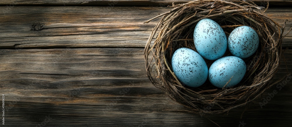 Poster Easter eggs nestled in a nest on weathered wooden planks. with copy space image. Place for adding text or design
