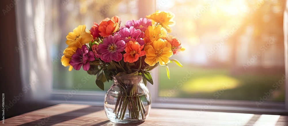 Leinwandbilder a vibrant flower bouquet in a glass vase on a workspace table either at home or in an office with su