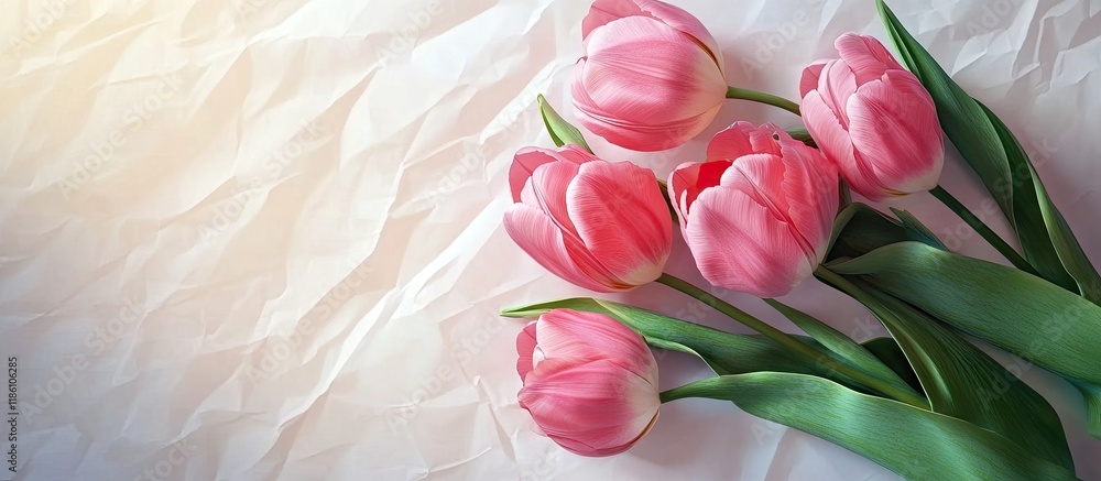 Aufkleber A cluster of pink tulips resting alone on a backdrop of white Kraft paper. with copy space image. Place for adding text or design