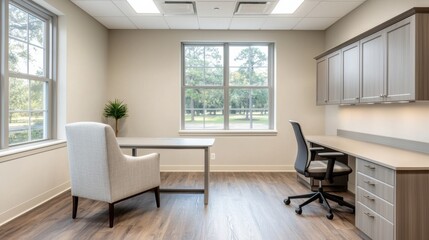 Fototapeta premium Modern home office with ergonomic chair and large windows showcasing nature