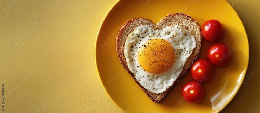 Leinwandbilder Heart shaped fried egg toast cherry tomatoes on a yellow plate. with copy space image. Place for adding text or design