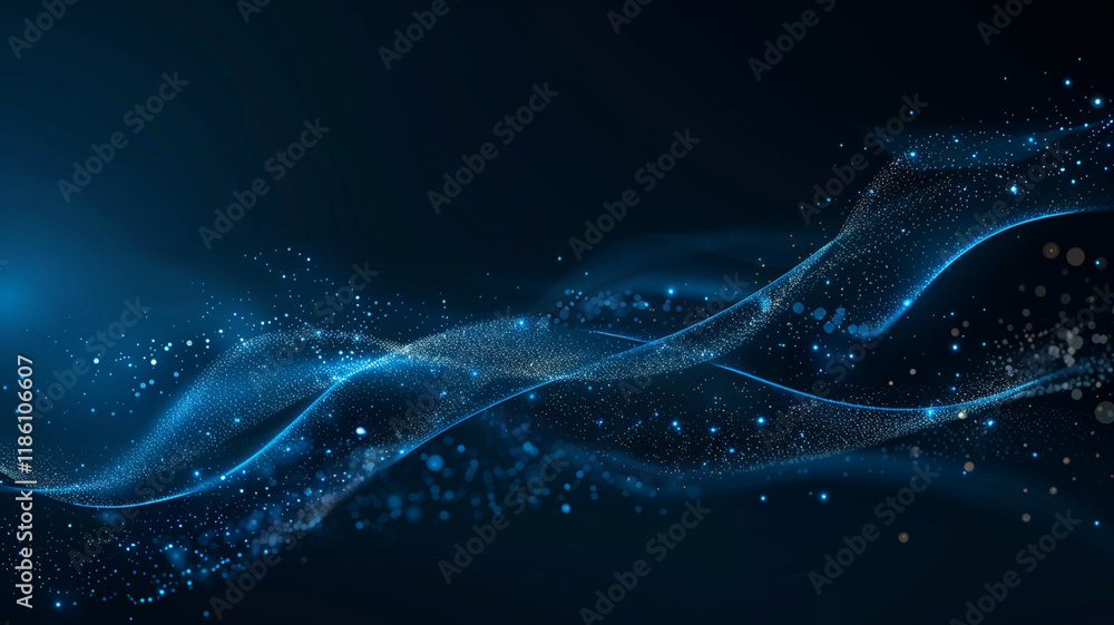 Poster abstract blue wave with sparkling particles creating dynamic flow, evoking sense of motion and energ