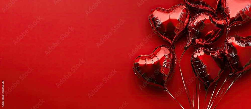 Poster heart shaped foil balloons on a red background from a top view copy space celebratory background for