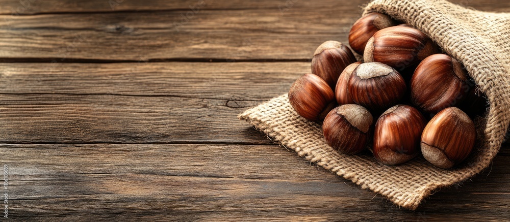 Fototapete fresh chestnuts on a vintage wooden table with a sack cloth napkin. with copy space image. place for