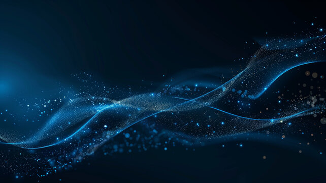 Abstract blue wave with sparkling particles creating dynamic flow, evoking sense of motion and energy in dark background
