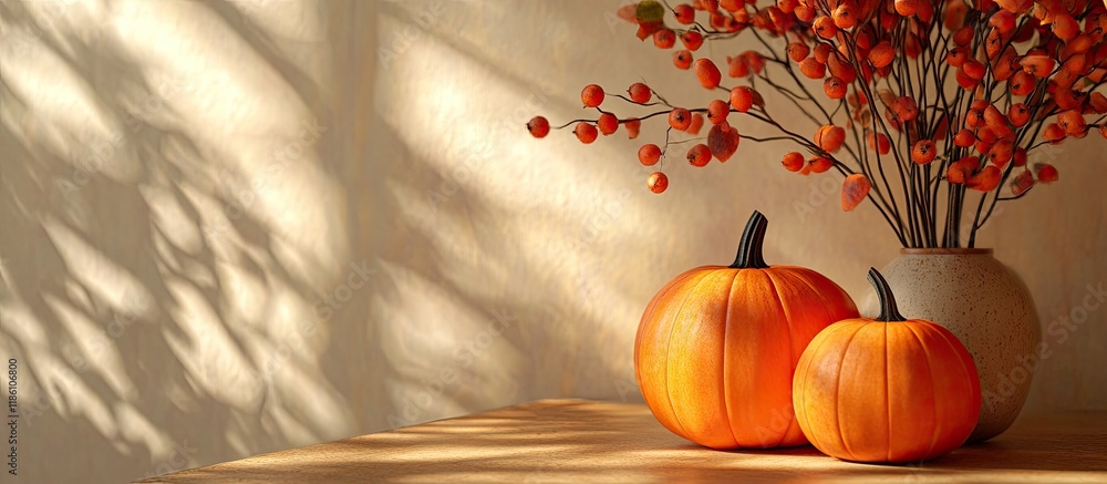 Leinwandbilder autumn arrangement featuring orange pumpkins in preparation for halloween attractive shadows cast by