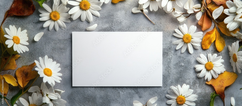 Aufkleber invitation or greeting card mockup featuring blank paper letterhead and white daisy flowers on a con