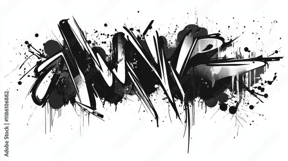 Poster spray paint drips and lines, black ink splatters, brush stains with graffiti effect. inky blots in u